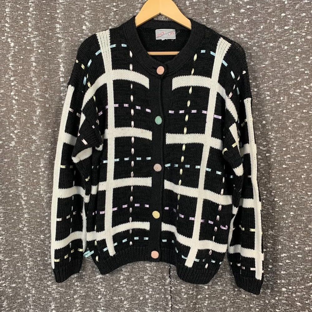 Vintage Spice of Life Black Knit Ribbon Sweater Button Up Women's Medium